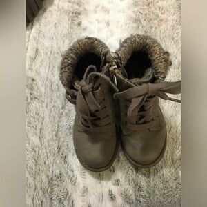 Khaki Green Kids Shoes with Faux Fur Lining